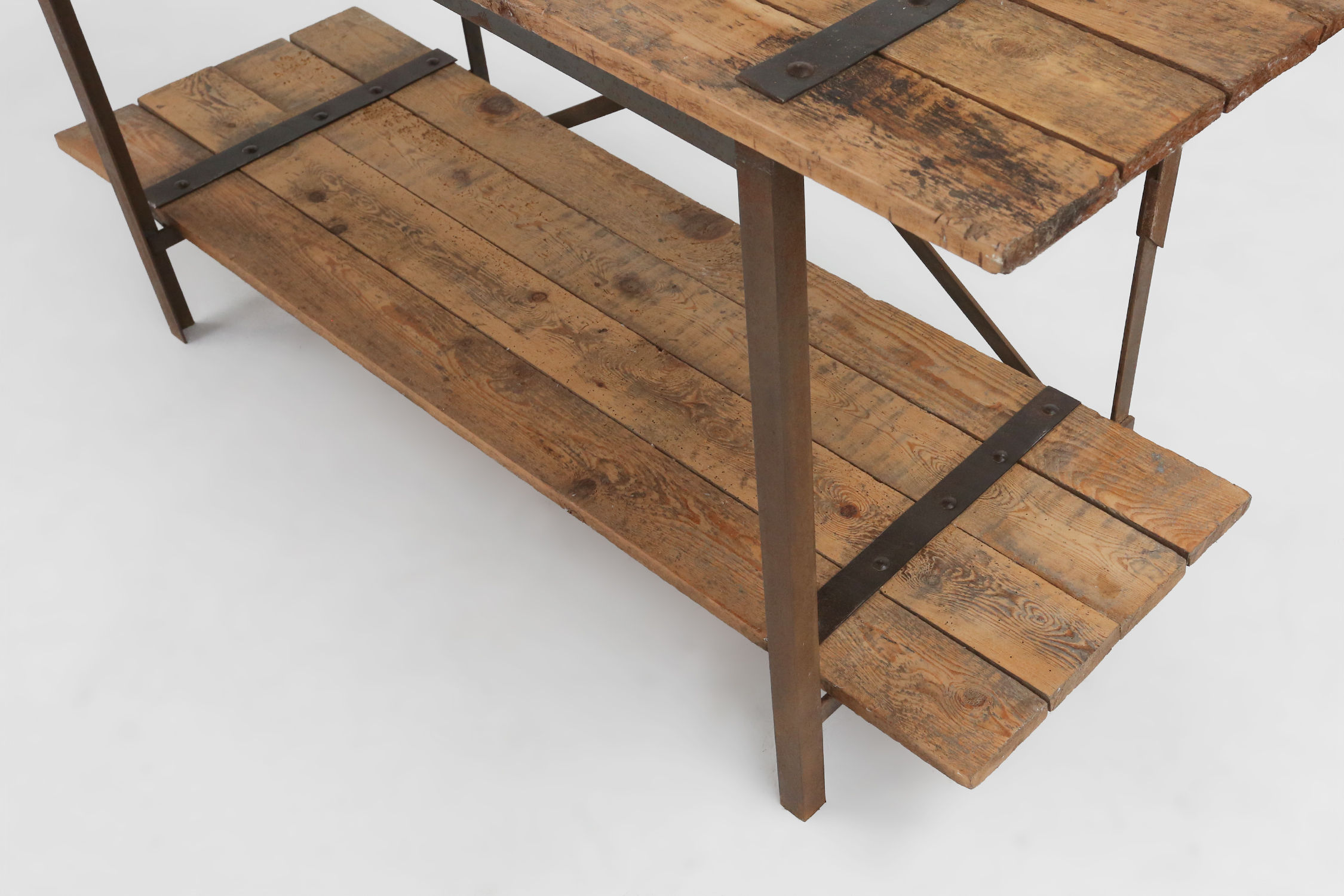  Industrial side tables with metal frame and wooden top and removable platform, Belgium, 1920thumbnail